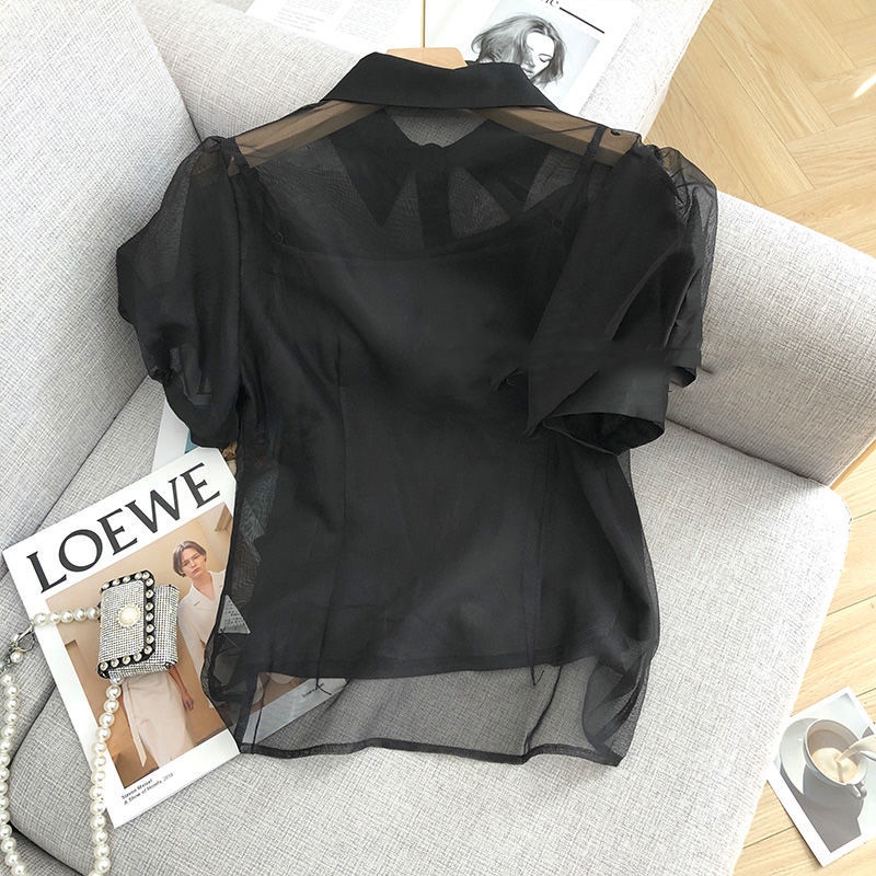 Áo Sơ Mi Tay Ngắn Phồng Trong Suốt Màu Đen Thời Trang Mùa Hè 2023 Cho Nữ
