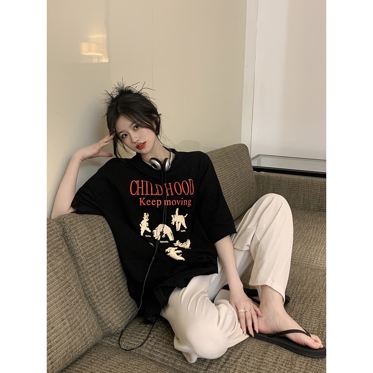 Áo Thun Tay Ngắn Dáng Rộng In Họa Tiết Hoạt Hình &amp; Chữ Cái Độc Đáo Thời Trang Cho Nữ