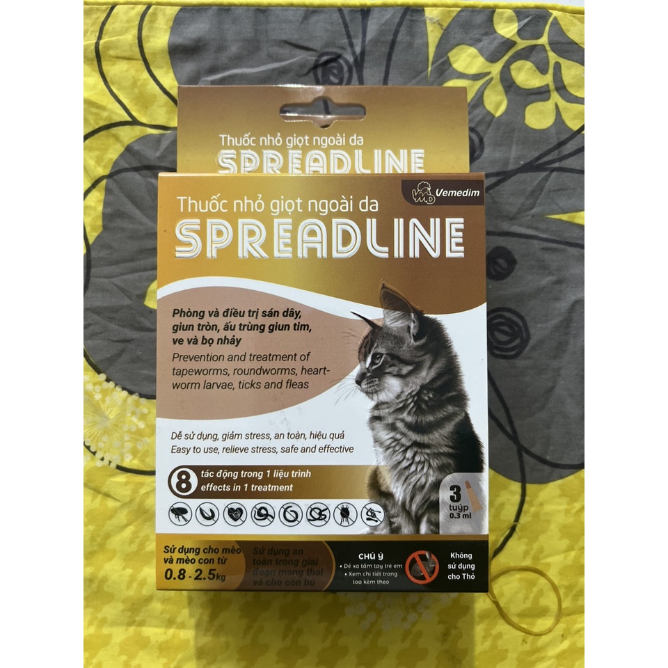 SPREADLINE - Tuýp nhỏ giọt ngoài da phòng sán dây, giun tròn, ấu trùng giun tim, ve và bọ nhảy cho MÈO