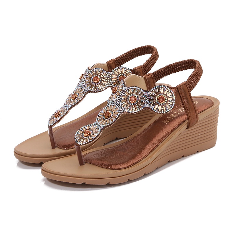 Giày Sandal Đế Xuồng Mũi Tròn Size Lớn Đính Đá Phong Cách Bohemian
