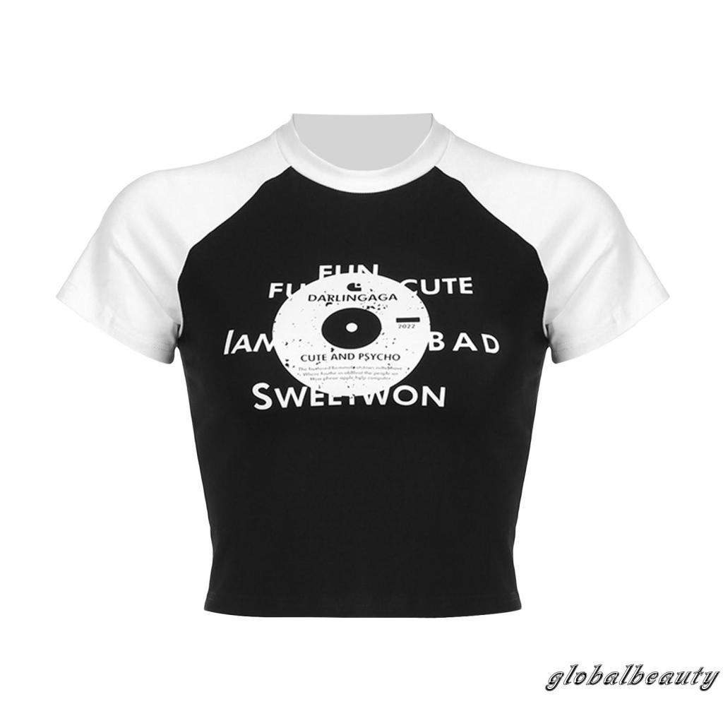 Áo Thun Croptop Tay Ngắn Màu Sắc Tương Phản In Chữ Phong Cách Đường Phố Thời Trang Mùa Hè Cho Nữ