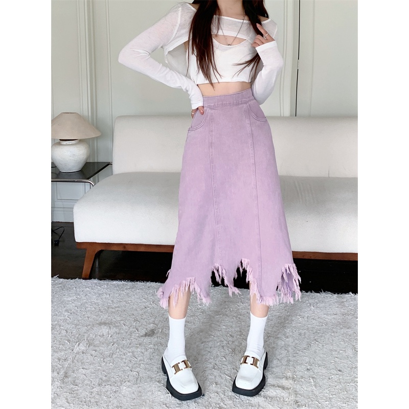 Chân Váy Denim Chữ a Dài Vừa Vặn Màu Tím Thời Trang Xuân Hè Hàn Quốc