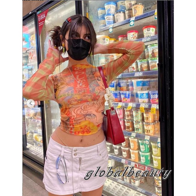 Áo Croptop Tay Dài Cổ Tròn Dáng Ôm In Họa Tiết Hoạt Hình Xinh Xắn Cho Nữ