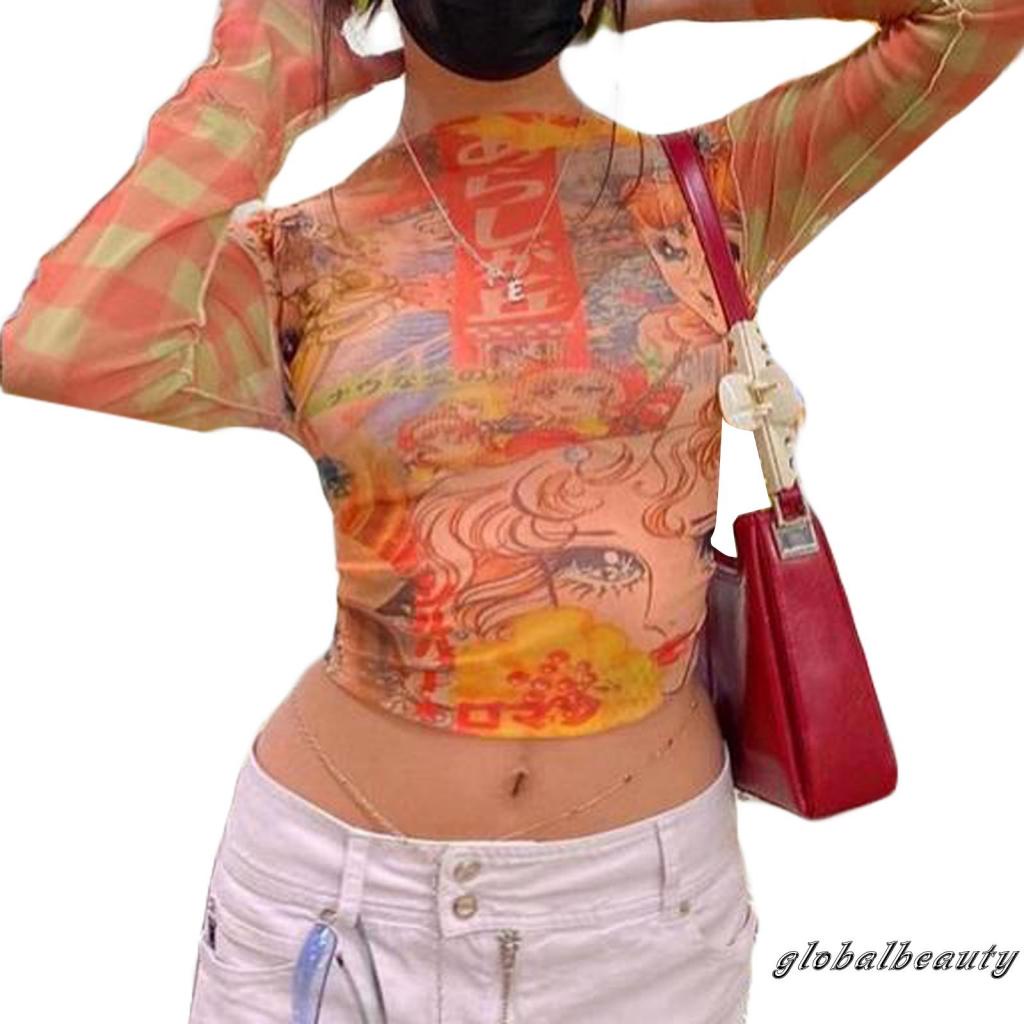 Áo Croptop Tay Dài Cổ Tròn Dáng Ôm In Họa Tiết Hoạt Hình Xinh Xắn Cho Nữ