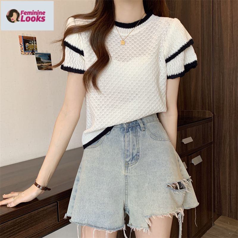 Áo Thun Sweater Cổ Tròn Tay Ngắn Dáng Rộng Phong Cách Thời Trang Hàn Quốc