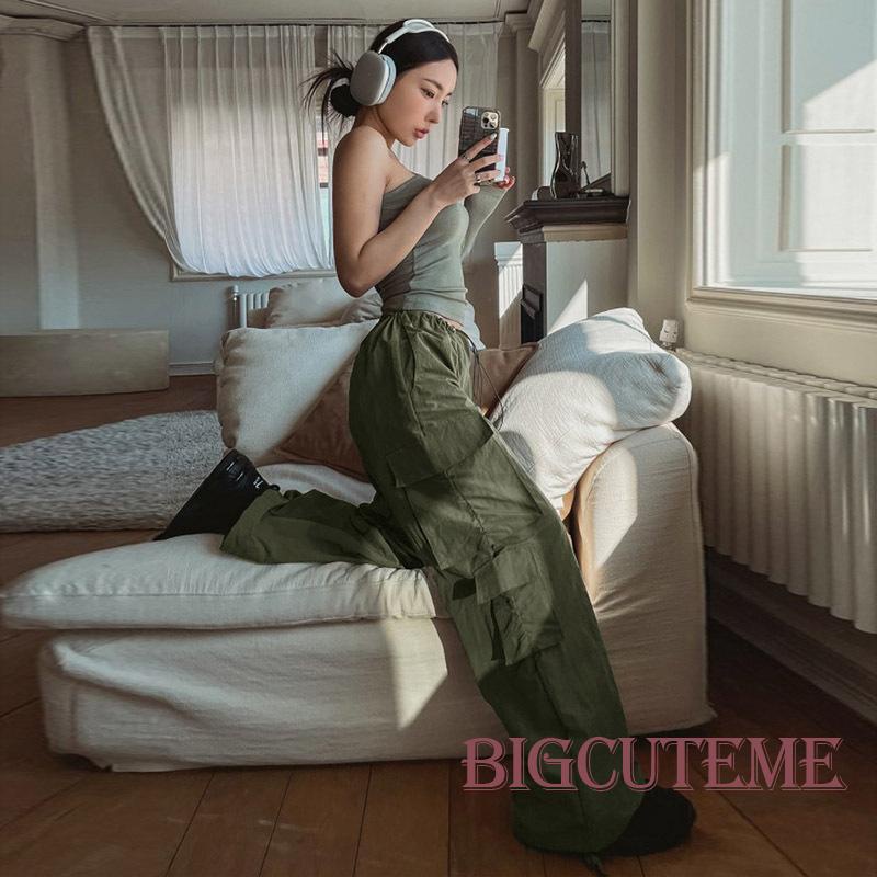 [] - Quần Baggy Dáng Rộng Lưng Vừa Màu Trơn Có Túi Và Dây Rút Cho Nữ