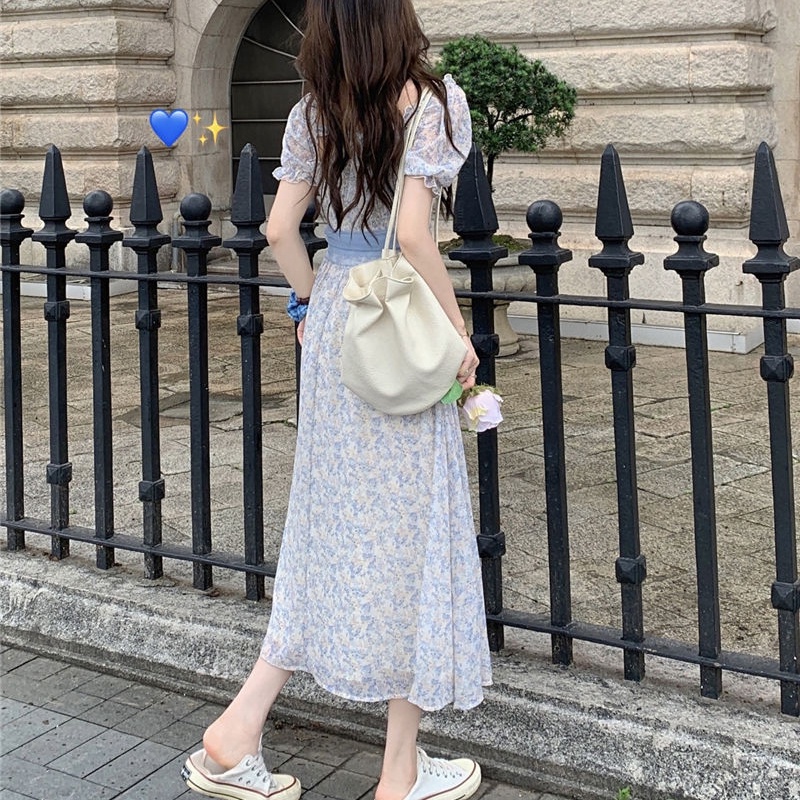 Kayna Đầm Dài Dáng Ôm Tay Phồng In Họa Tiết Hoa Thanh Lịch Thời Trang Mùa Hè Cho Nữ