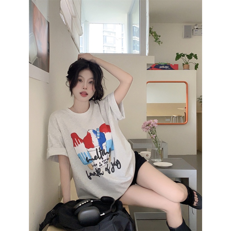 Áo Thun Nữ Dáng Rộng In Hình Cây Kem Dễ Thương