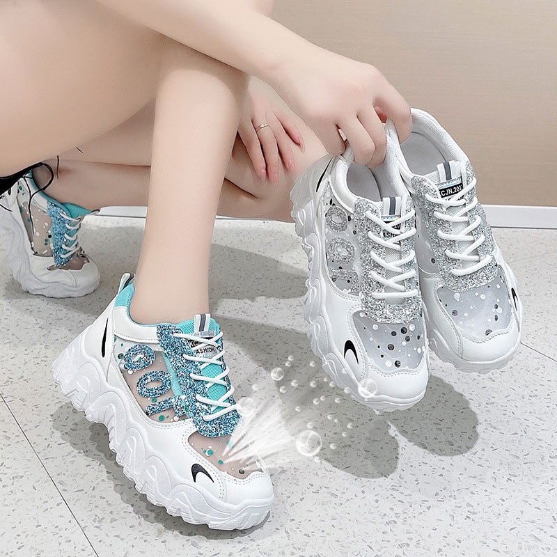 Giày Thể Thao Phối Lưới Thoáng Khí Tăng Chiều Cao Thời Trang Mùa Hè Cho Nữ
