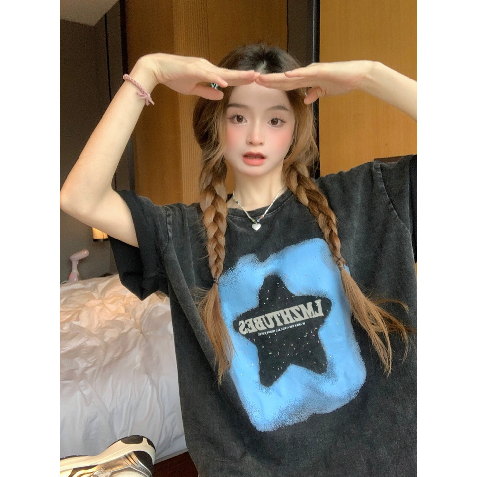 Áo Thun Đen Dáng Rộng In Chữ Và Ngôi Sao Thời Trang Mùa Hè Năng Động