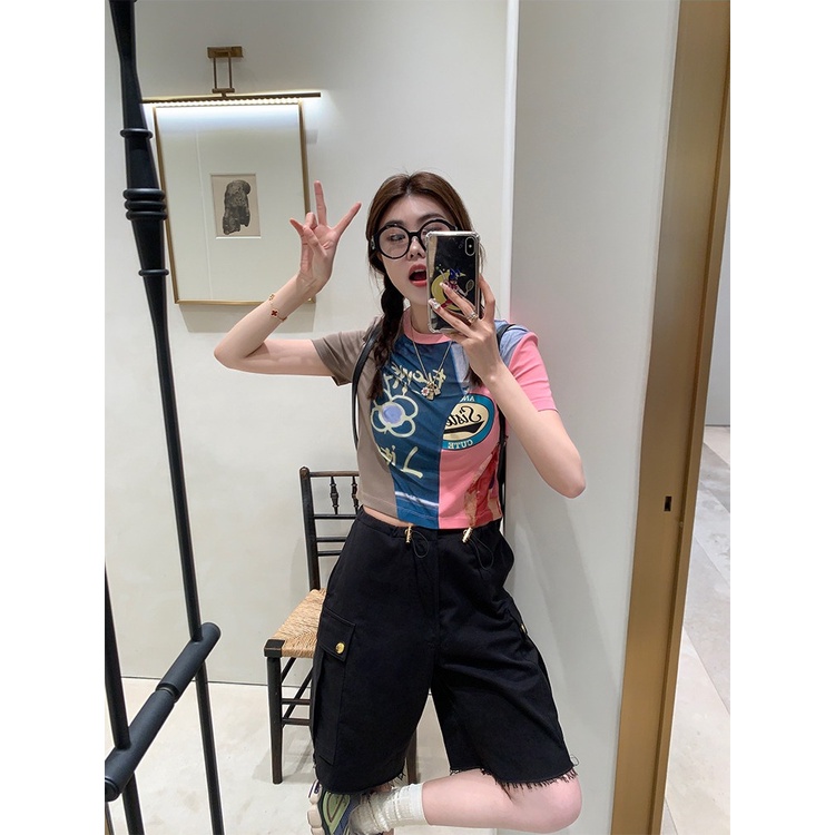 Áo Thun Cotton Ngắn Tay Cổ Tròn Dáng Ôm In Họa Tiết Thời Trang Mùa Hè Dành Cho Nữ