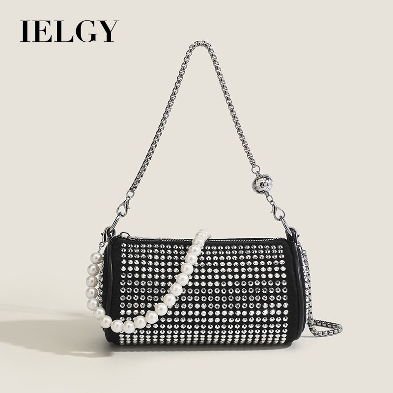 Túi Xách Đeo Vai Hình Trụ Đựng Điện Thoại / Mỹ Phẩm Đính Ngọc Trai Phối Dây Xích Kiểu Dáng Thanh Lịch