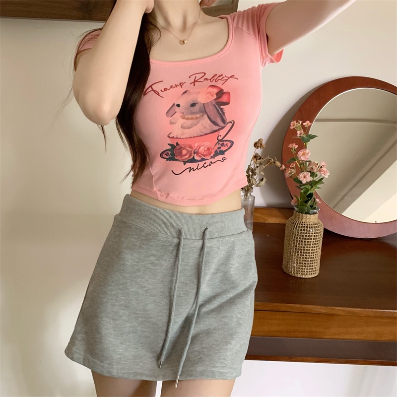Áo Thun Croptop Ngắn Tay In Họa Tiết Thỏ Và Ly Trà Sữa Ngọt Ngào Dễ Thương Cho Nữ