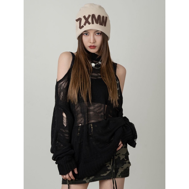 Y2k Hot Girl Áo Lưới Dệt Kim Dáng Rộng Rách Cá Tính Ngọt Ngào Cao Cấp Dễ Phối Đồ