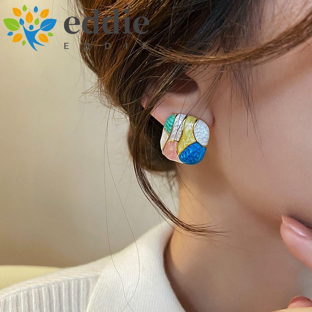 Bông Tai 26EDIE Hình Vuông Bằng Hợp Kim Màu Sắc Tương Phản Phong Cách Hàn Quốc Cổ Điển Thời Trang Cho Nữ