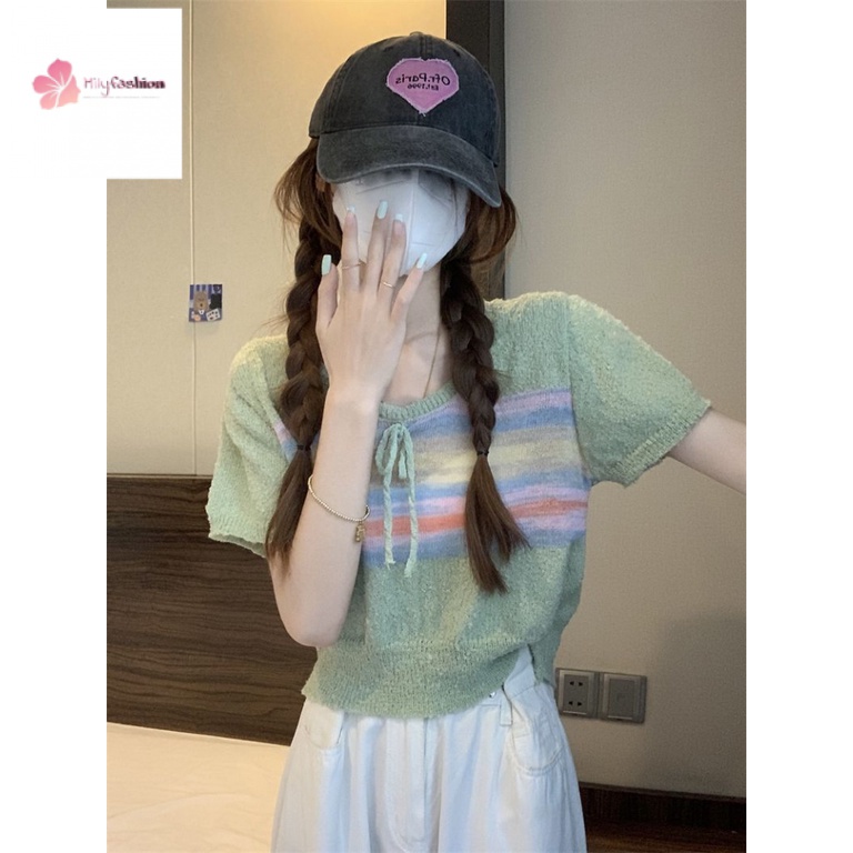 Áo Sweater Dệt Kim Kẻ Sọc Cầu Vồng Phối Nơ Phong Cách Thời Trang Mới 2023