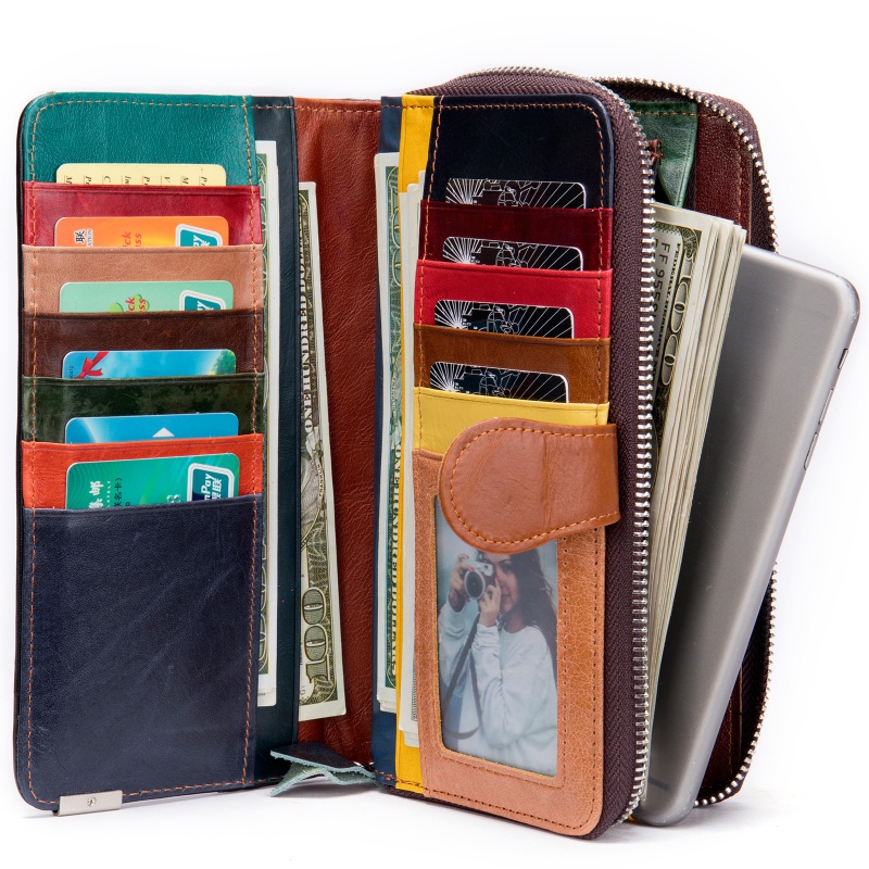 Ví Da Thật Dáng Dài Kẻ Sọc Thiết Kế Đơn Giản Thời Trang Cho Nữ