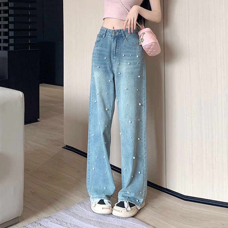 HUIZUMEI Quần jeans Nữ Lưng Cao Ống Rộng Đính Ngọc Trai Thời Trang Hàn Quốc