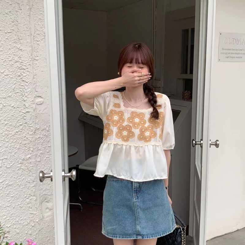 Ivy Áo Sơ Mi Chiffon Dệt Kim Dáng Rộng Chắp Vá Tay Áo Rỗng Dễ Thương Vừa Vặn