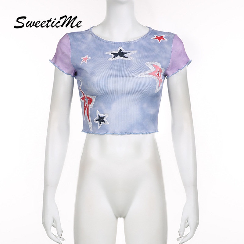Áo Thun Crop Top Tay Ngắn Cổ Tròn Dáng Ôm In Họa Tiết Ngôi Sao Màu Tương Phản Thời Trang 2023 Cho Bạn Gái