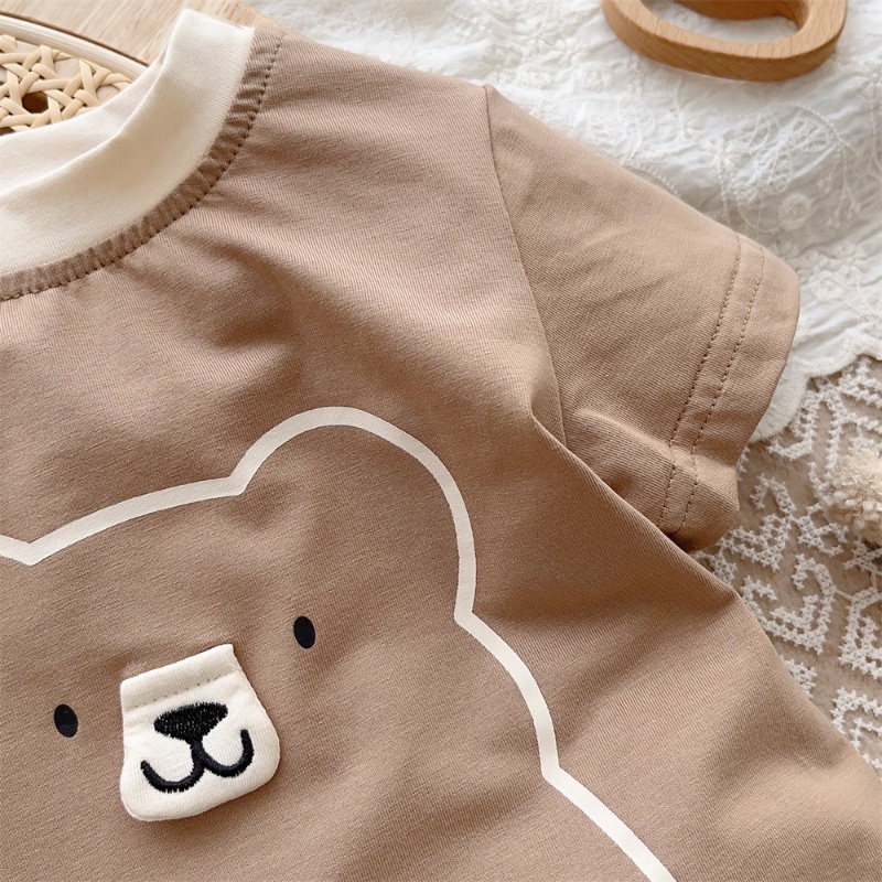 Bộ Áo Liền Quần Bằng Cotton Tay Ngắn In Hình Gấu Hoạt Hình Thời Trang Mùa Hè Hàn Quốc Cho Bé Sơ Sinh 0-2