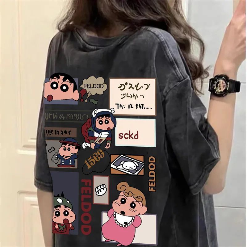 Áo Thun Cotton Tay Ngắn In Họa Tiết Hoạt Hình Cậu Bé Bút Chì Phong Cách Retro