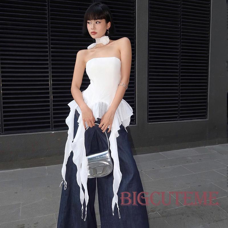 [] Áo Ống Nhún Bèo Hở Lưng Màu Trơn Thời Trang Mùa Hè Cho Nữ