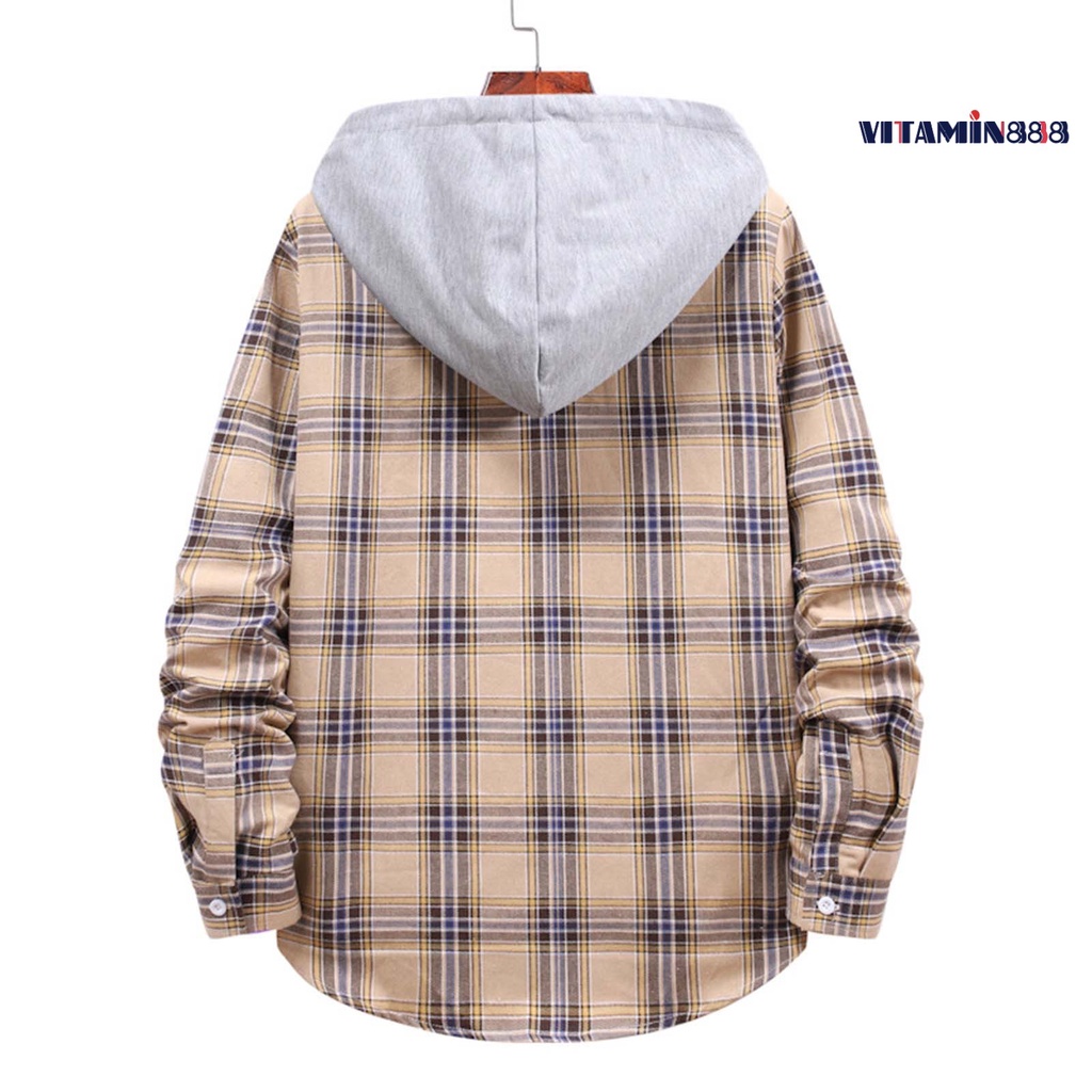 Áo Khoác Sơ Mi Tay Dài Có Mũ Trùm Đầu Dây Rút Một Hàng Nút Kẻ Sọc Caro Mùa Xuân Đường Phố Cho