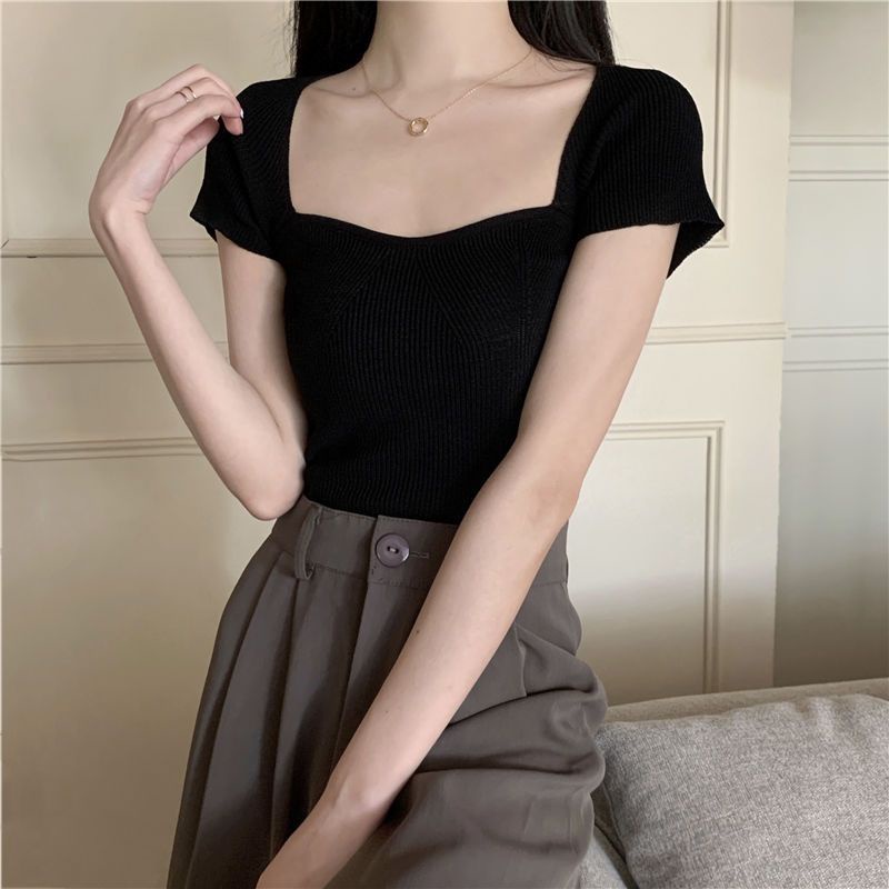 COZOK Áo Thun Dệt Kim Ngắn Tay Cổ Vuông Dáng Ôm Thời Trang Đơn Giản