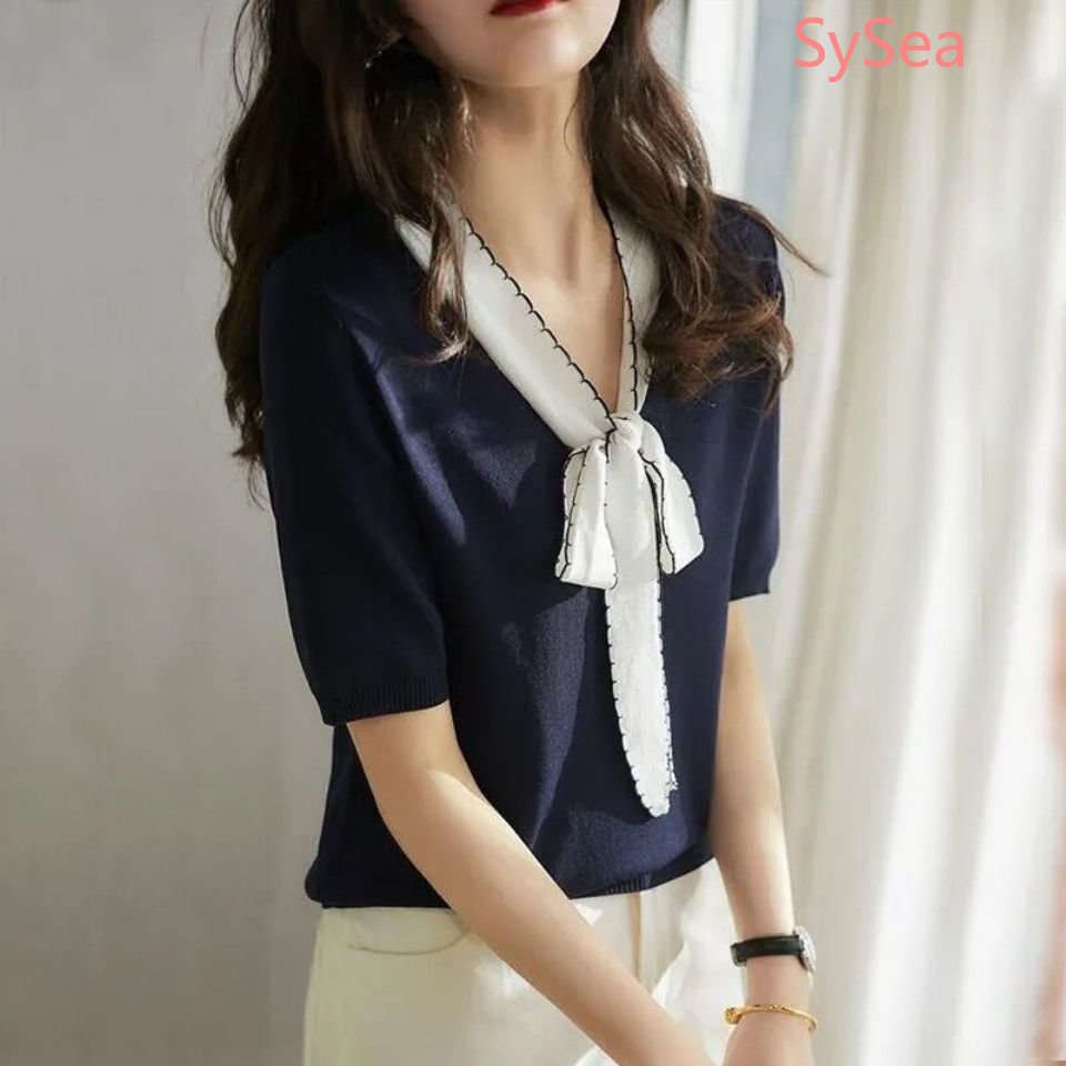 Áo Dệt Kim Phối Nơ Xinh Xắn Theo Phong Cách Mùa Hè Dành Cho Nữ