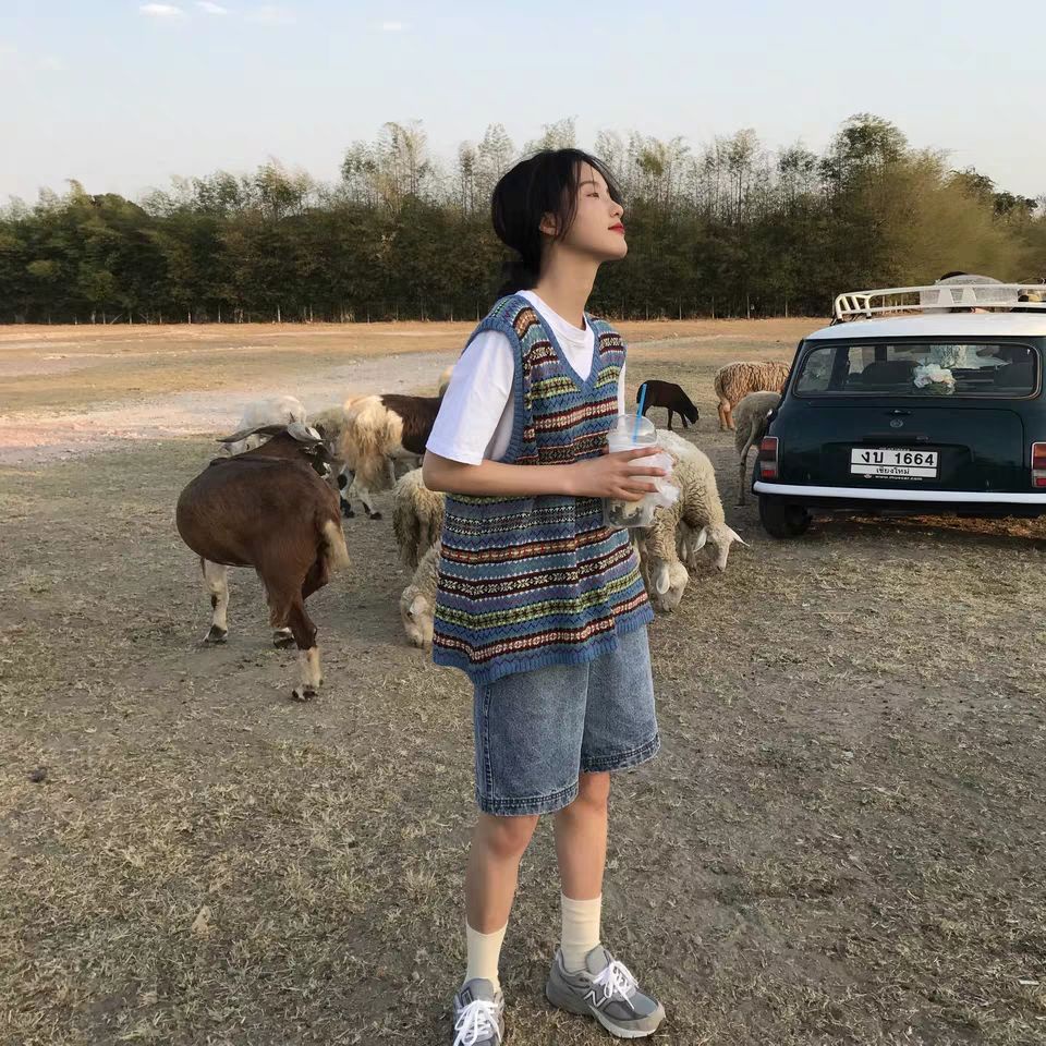 Áo Dệt Kim Sát Nách Dáng Rộng Cổ Chữ V Thời Trang Retro Cho Nữ