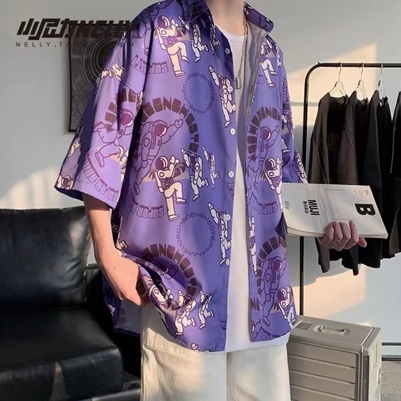 Áo Sơ Mi Tay Lửng Dáng Rộng In Họa Tiết Phong Cách Hong Kong Thời Trang Mùa Hè Hàng Mới Dành Cho Bạn Nam