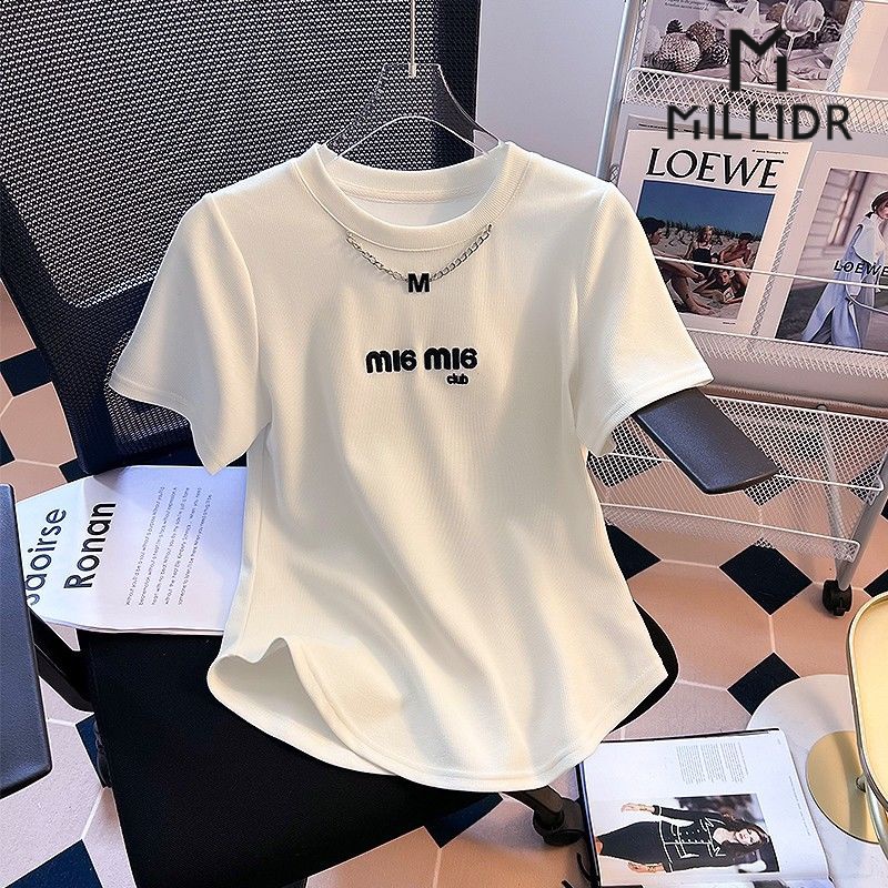 Áo Thun Cotton Tay Ngắn Dáng Ôm In Chữ Phối Dây Xích Thời Trang Mùa Hè Cho Nữ