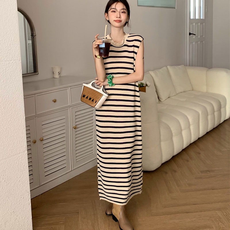 Đầm Dài Dáng Rộng Họa Tiết Kẻ Sọc Phong Cách Pháp Thời Trang Mùa Hè Cho Nữ