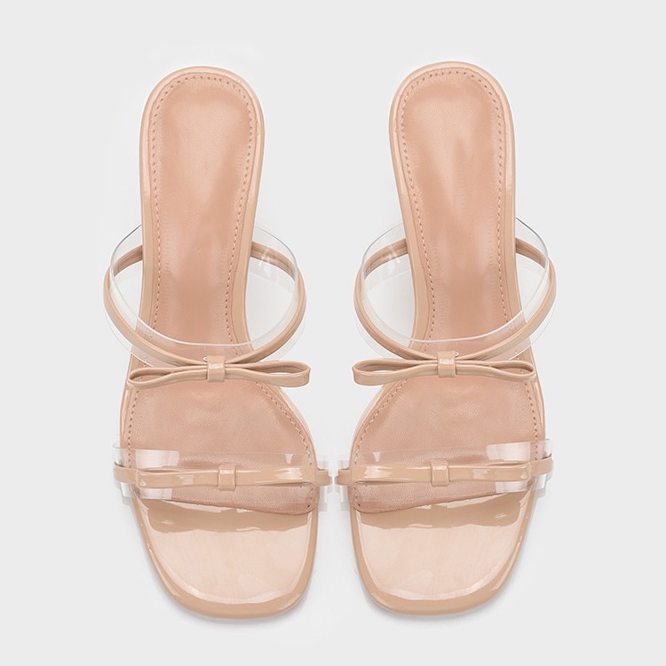 Duoya Tóc Thẳng ~ [Hàng Có Sẵn] Dép Cao Gót Mũi Vuông Hở Ngón Bằng Da Bóng Pha Lê Trong Suốt Hai Màu Khóa Thắt Nơ Cho Nữ Miễn Phí Vận Chuyển