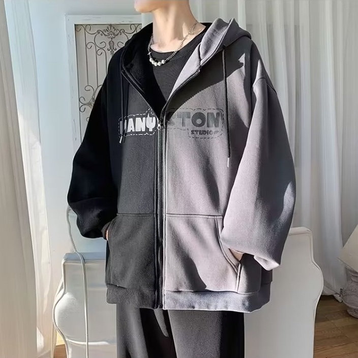 Áo Khoác hoodie Vải Lông Dáng Rộng Màu Trơn In Chữ Có Khóa Kéo Cỡ Lớn Thời Trang Hàn Quốc Cho Nam Và Nữ