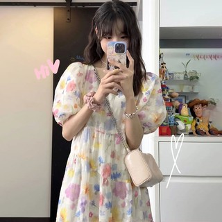 Bán Chạy✨Đầm Dài Dáng Rộng Cổ Vuông Tay Phồng In Hoa Kiểu Pháp Xinh Xắn Cho Nữ