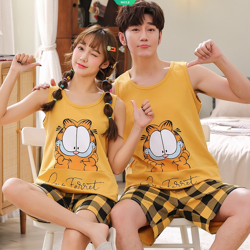Bộ Đồ Ngủ Áo Sát Nách Phối Quần Short Cotton Dáng Rộng In Hoạt Hình Mèo Garfield Thời Trang Mùa Hè 2023 Cho Nam Và Nữ
