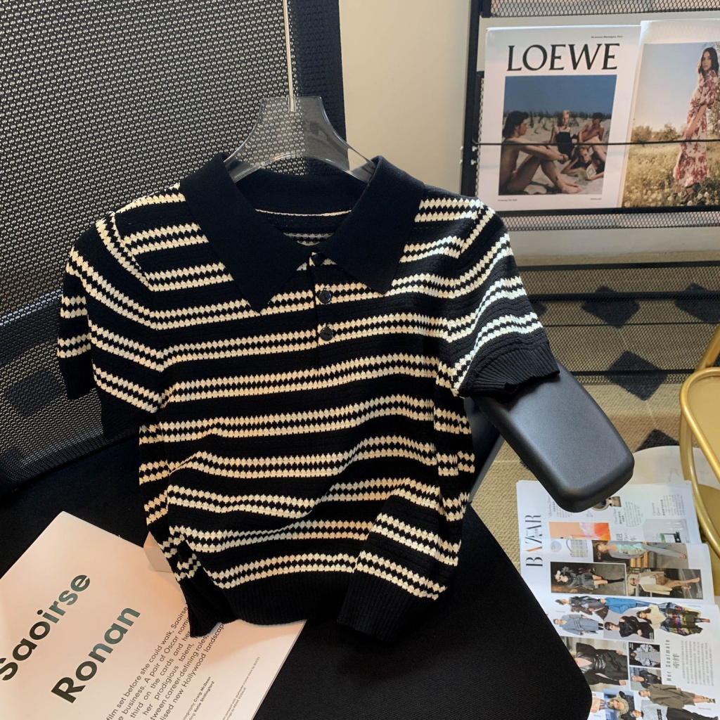 Áo Thun polo Ngắn Tay Họa Tiết Kẻ Sọc Màu Sắc Tương Phản Phong Cách Hàn Quốc Thời Trang Mùa Hè Cho Nữ