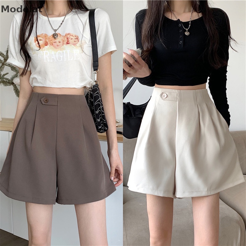 Quần Short Chữ A Lưng Cao Ống Rộng Màu Đen Phong Cách Hàn Quốc Thời Trang Xuân Hè 2023 Cho Bạn Gái