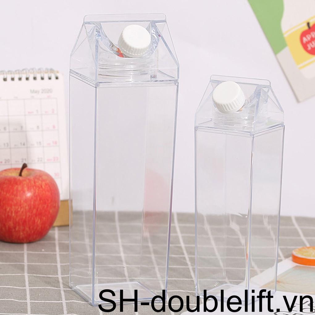 Bình Nước Nhựa Trong Suốt Hình Vuông Có Nắp Tái Sử Dụng Tiện Lợi