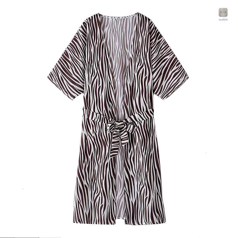 Áo Khoác Kimono Chiffon Tay Lửng Dáng Rộng In Họa Tiết Hình Học Màu Nâu Mới Cho Nữ