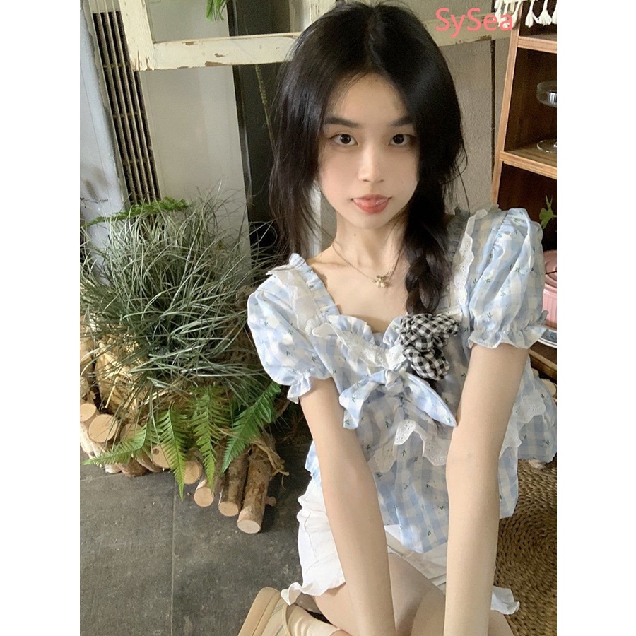 Áo Kiểu Cổ Vuông Họa Tiết Sọc Caro Đính Nơ Thời Trang Mùa Hè Cho Nữ