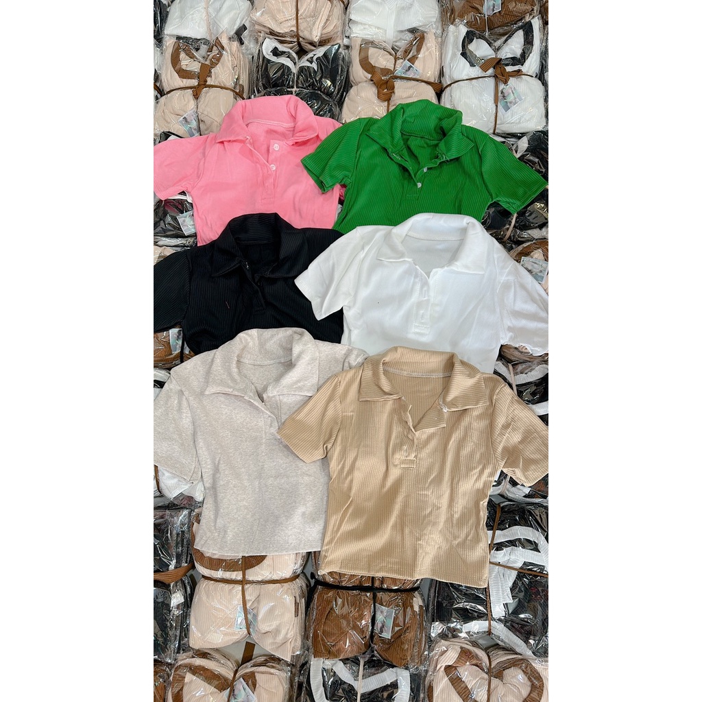 Áo Ngắn Thun Gân Cổ Bẻ Kèm Gài Nút Ngắn Tay Xinh Xắn TTVV0471