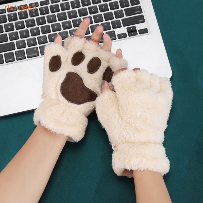 [risingmp] Găng Tay Hở Ngón Giữ Ấm Mùa Đông Bằng Vải Lông Xù Dày Hình Dấu Chân Mèo Dễ Thương Cho Nữ