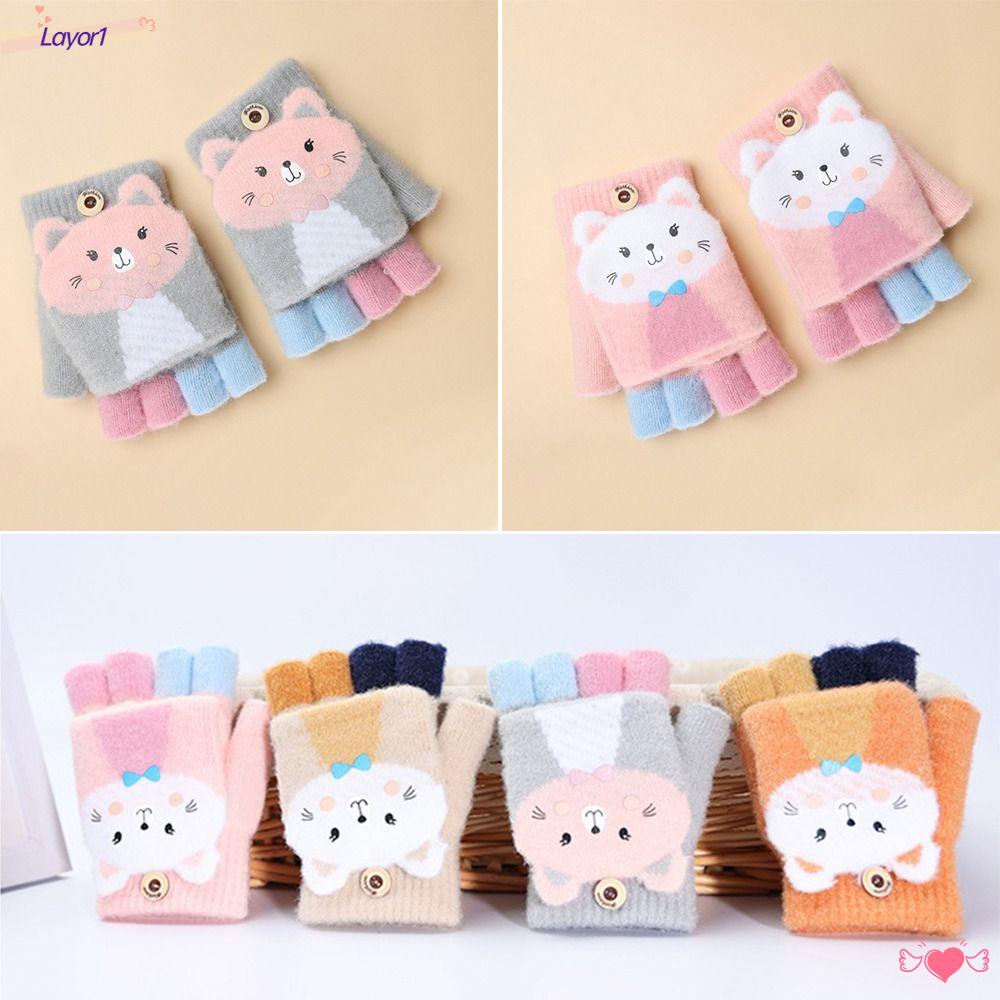 Găng Tay Dệt Kim Hở Ngón Giữ Ấm Họa Tiết Mèo Hoạt Hình Dễ Thương LAYOR1