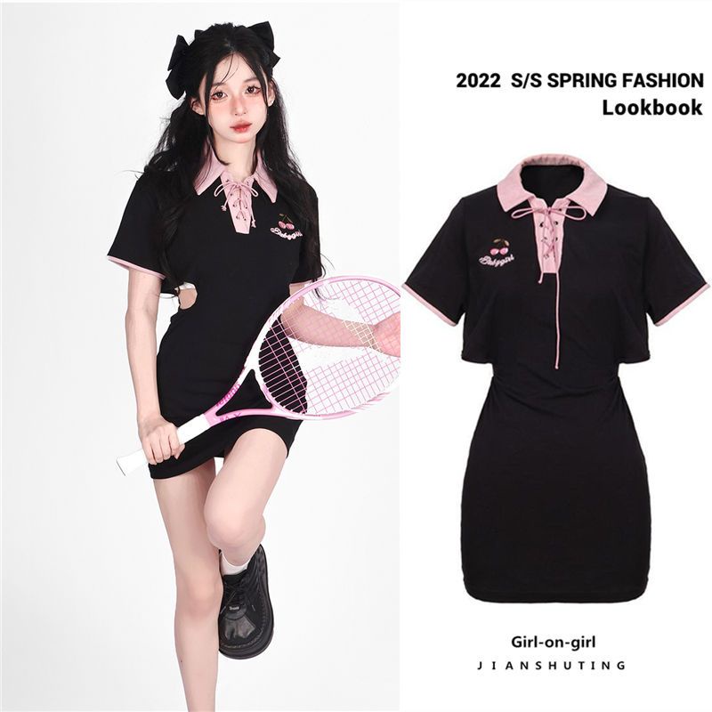 Đầm Ngắn Tay Thêu Họa Tiết Trái Cherry Xinh Xắn Dành Cho Nữ