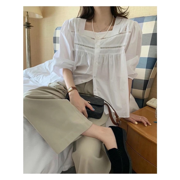 Áo Kiểu Cổ Vuông Tay Ngắn Dáng Rộng Phong Cách Hàn Quốc Thời Trang Mùa Hè Cho Nữ