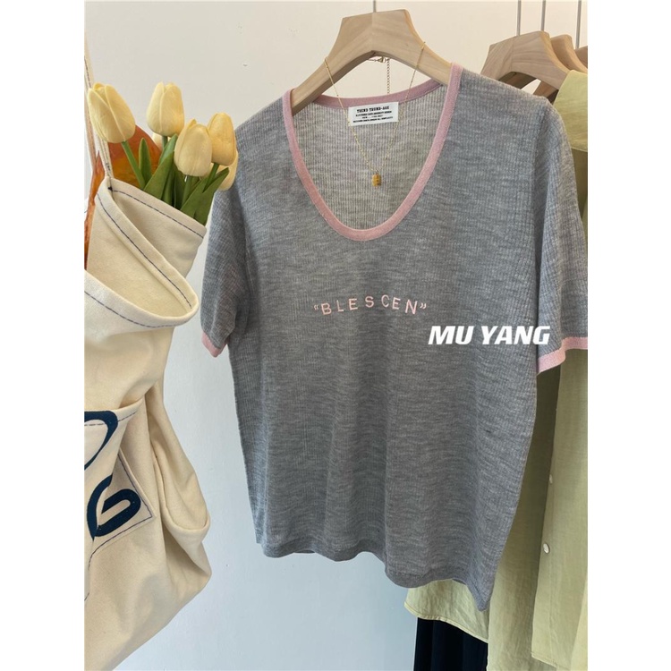 Áo Thun Lụa Lạnh Mỏng Tay Ngắn Thoáng Khí In Chữ Mới Mùa Hè Cho Nữ