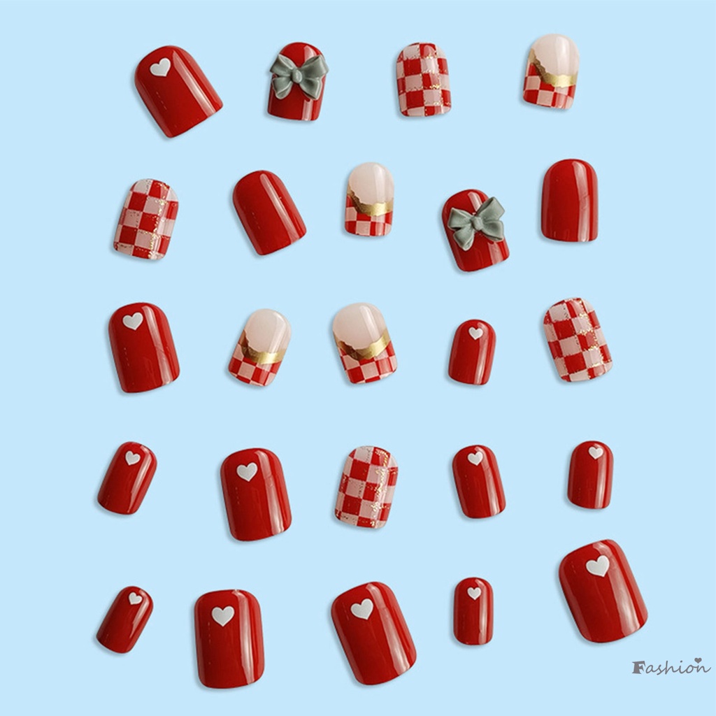 Bộ Móng Tay Giả Ngắn Chống Nhòe Đính Nơ Xinh Xắn